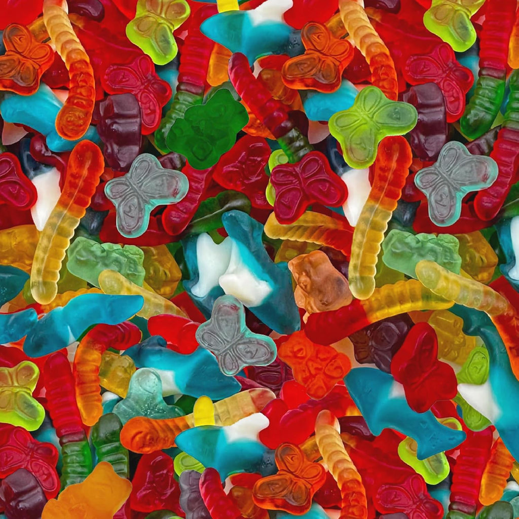 Gummy Candy Mix | 2-Pound Bag | Chewy Gummies for Candy Buffets, Goodie Bags, Dessert Decorating | Blue Sharks, Gummi Bears, Worms & Butterflies | Gummies Bulk