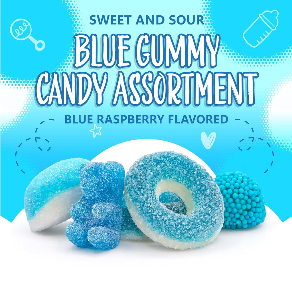 Blue Candy Mix | 1-Pound Bag | Blue Raspberry Candy | Sweet & Sour Gummies for Gender Reveal | Baby Shower Party Favors for Boy | Gummi Bears, Nonpareil Berries, Gummy Rings & Puffs