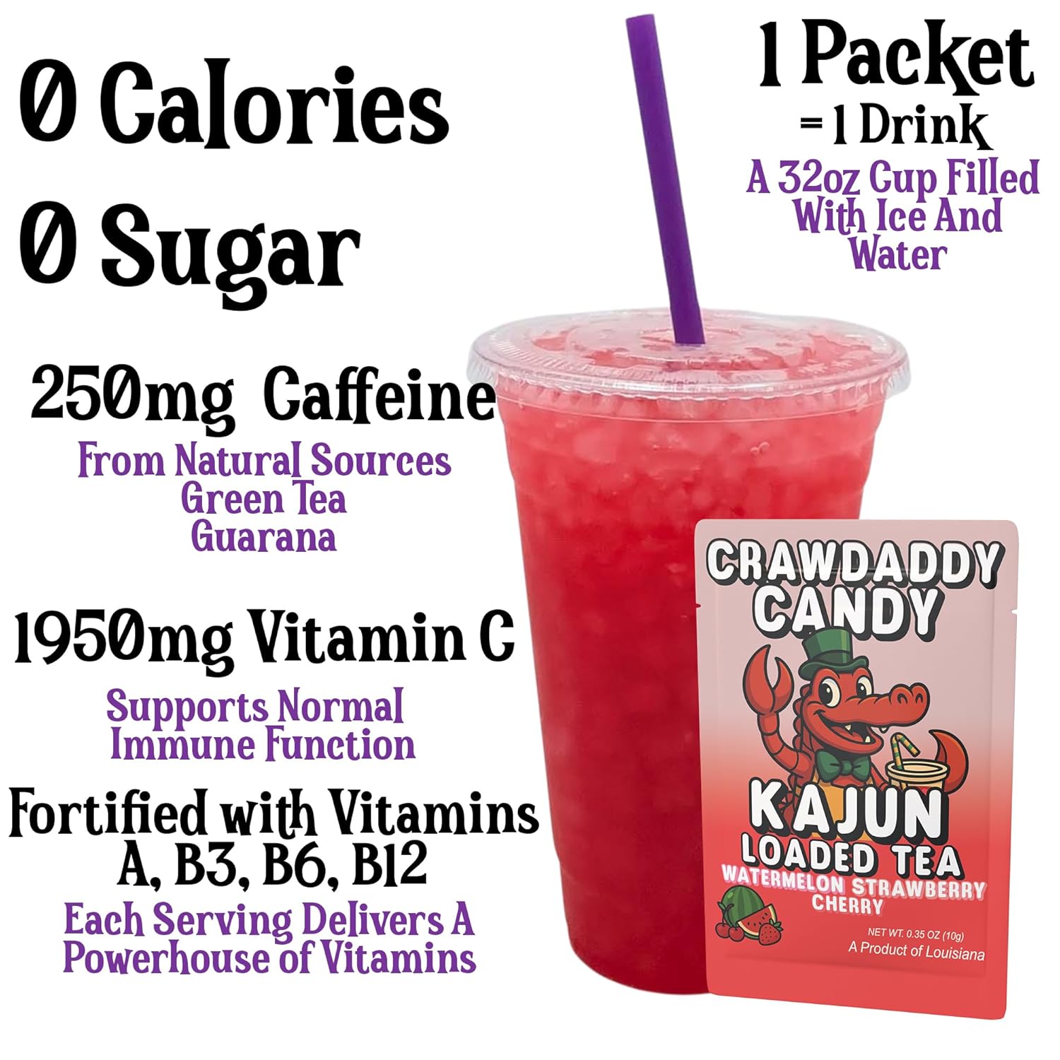 Kajun Loaded Tea Packets – Crawdaddy Candy | Watermelon + Strawberry + Cherry Flavor | Sugar Free Energy Tea Powder | 250mg Green Tea Caffeine | Zero Calories | Keto Friendly